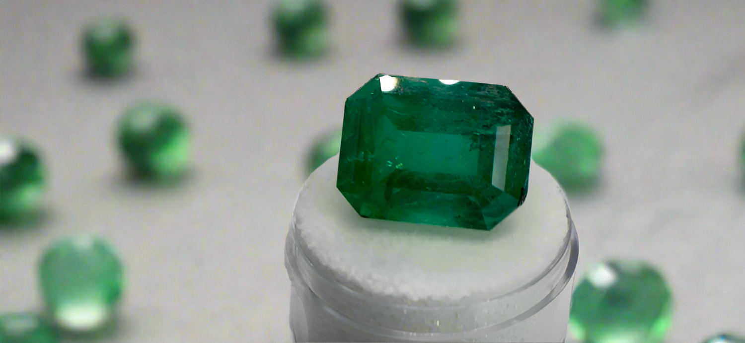 Green emerald gemstone on a white stand against a gray background